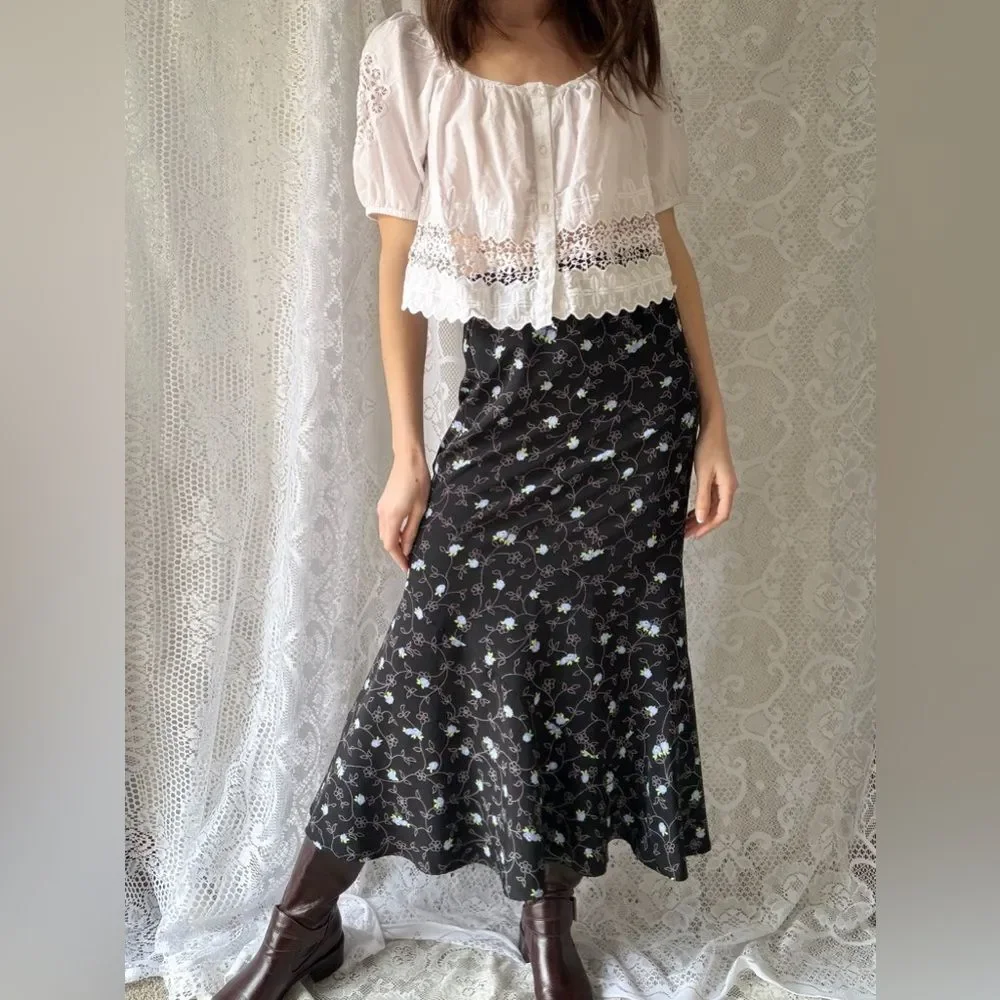 Vintage Sag Harbor Black Floral Midi Skirt Y2K Cottagecore